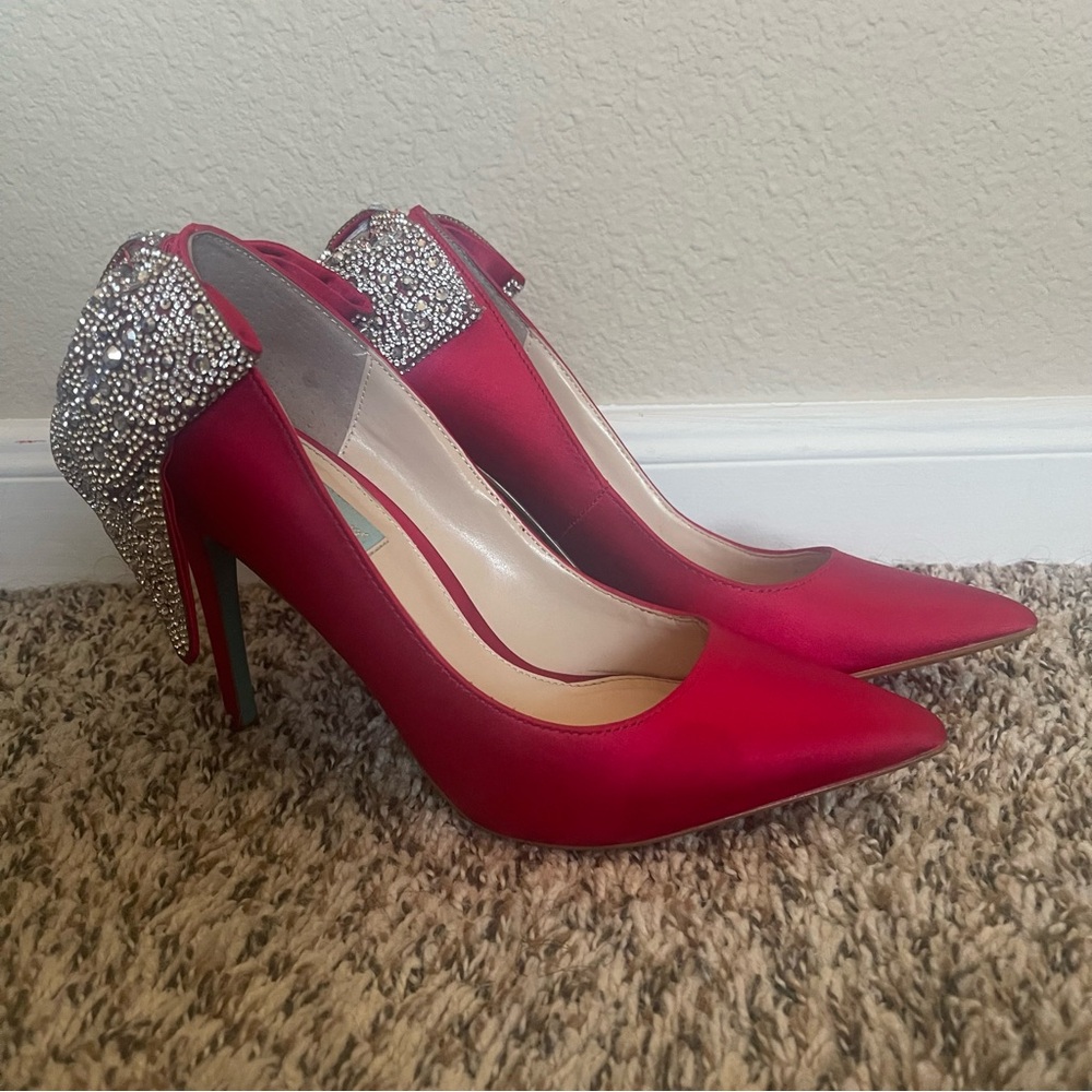 Betsey Johnson Red Satin Heels with Sparkling Bow